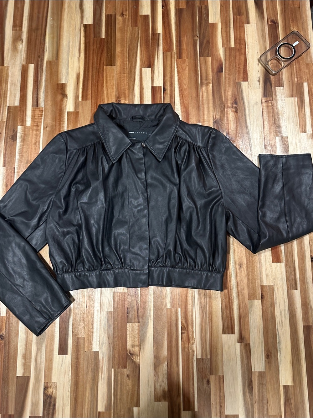 ASOS Black Cropped Faux Leather Jacket with Gathered Hem 555